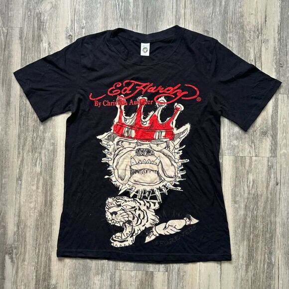 Y2K Ed Hardy Christian Audigier Crowned Bulldog Rhinestone T Shirt Size M - Picture 1 of 6